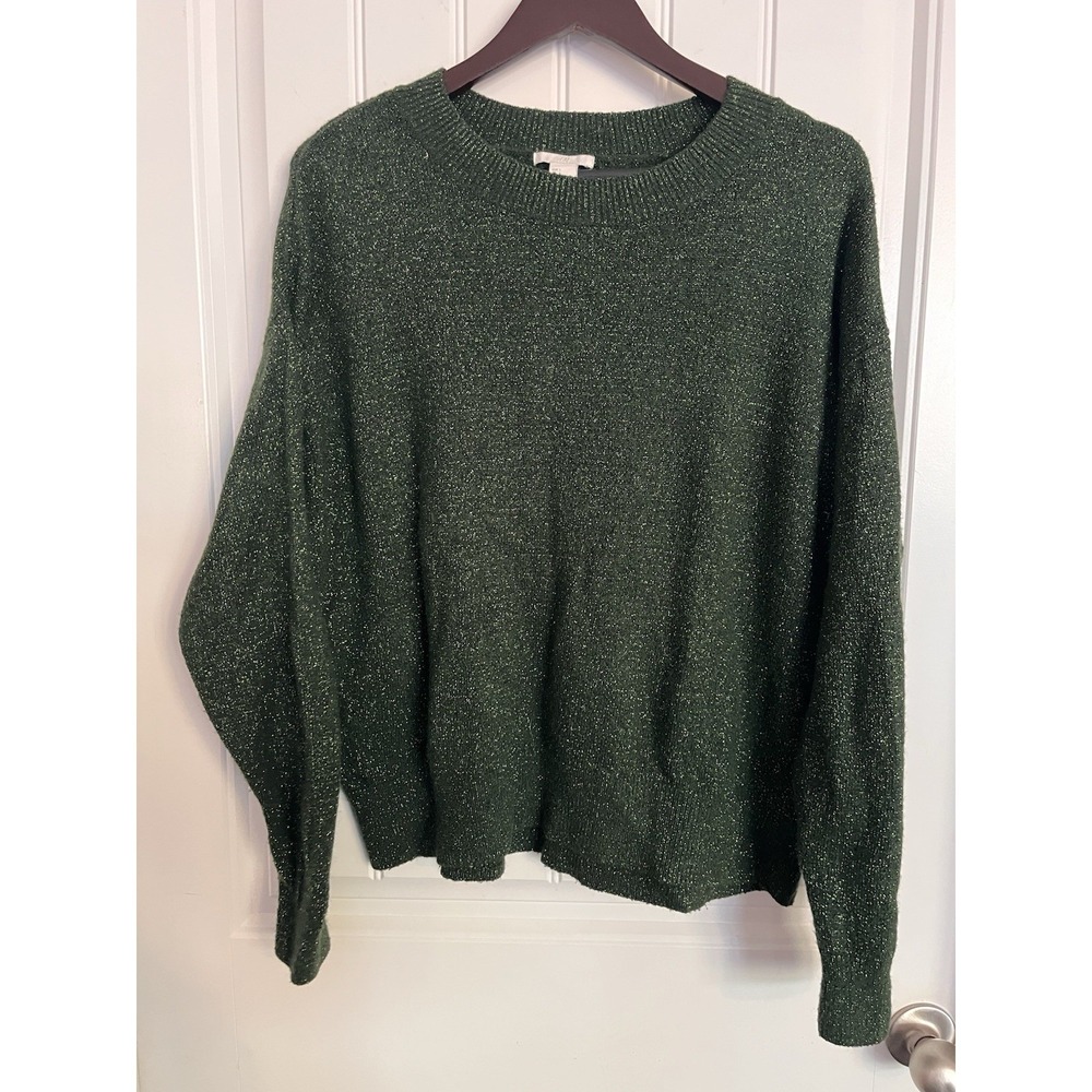 H&M Womens Sweater Large Sparkle Green Shiny‎ Metallic Fiber Pullover Glitter